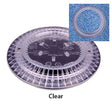 A clear round pebble top drain cover with a detailed close-up of its texture and design.