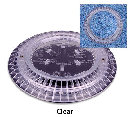 A clear round pebble top drain cover with a detailed close-up of its texture and design.