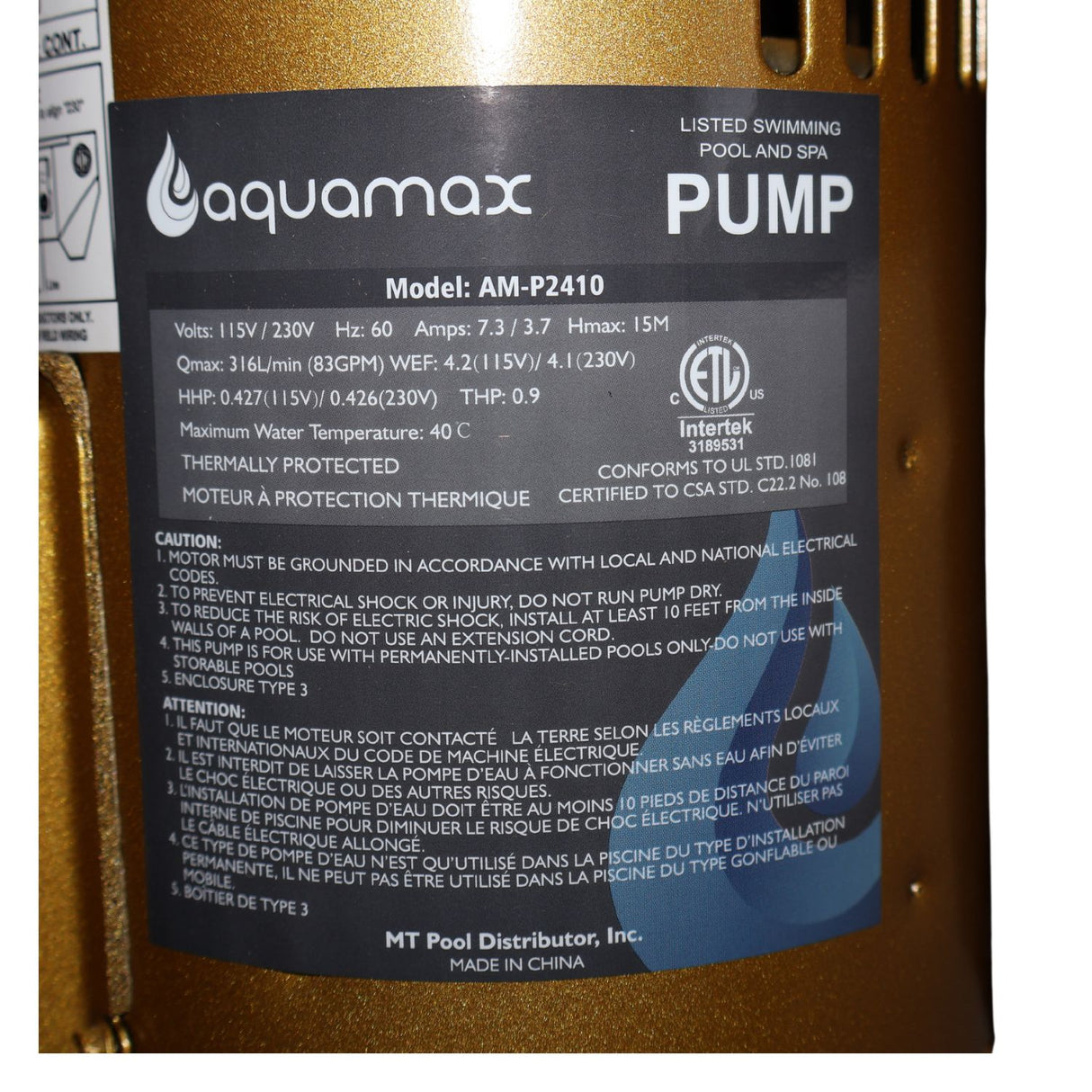 Aquamax Pool Pump 1 HP w/ Union Parts & Schematics